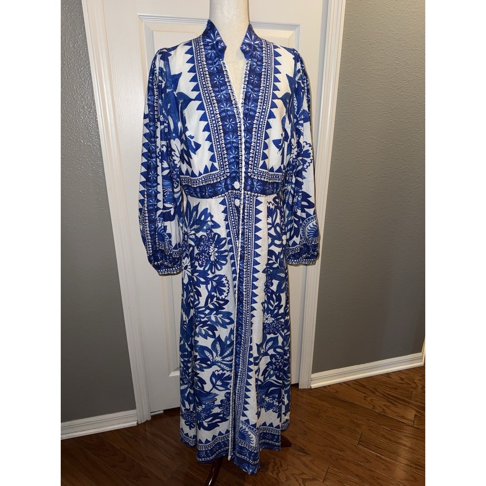 Farm Rio Flora Tapestry Blue White Linen-Blend Maxi Dress Size L Ballon Sleeve - Picture 3 of 16